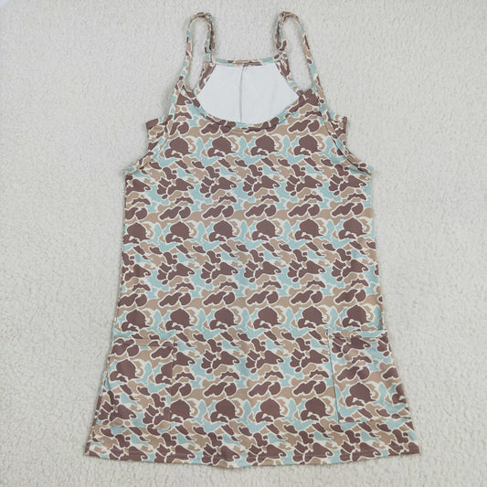 GSD2734  Adult Brown Blue Camo Print Strap Pockets Woman Summer Yoga Dress