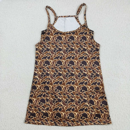 GSD2735  Adult Brown Camo Print Strap Pockets Woman Summer Yoga Dress