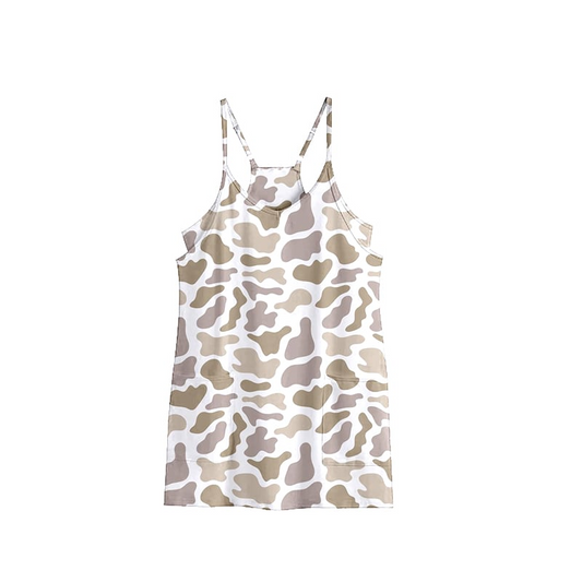 (Pre-order)GSD2745  Adult Khaki Camo Print Strap Pockets Woman Summer Yoga Dress