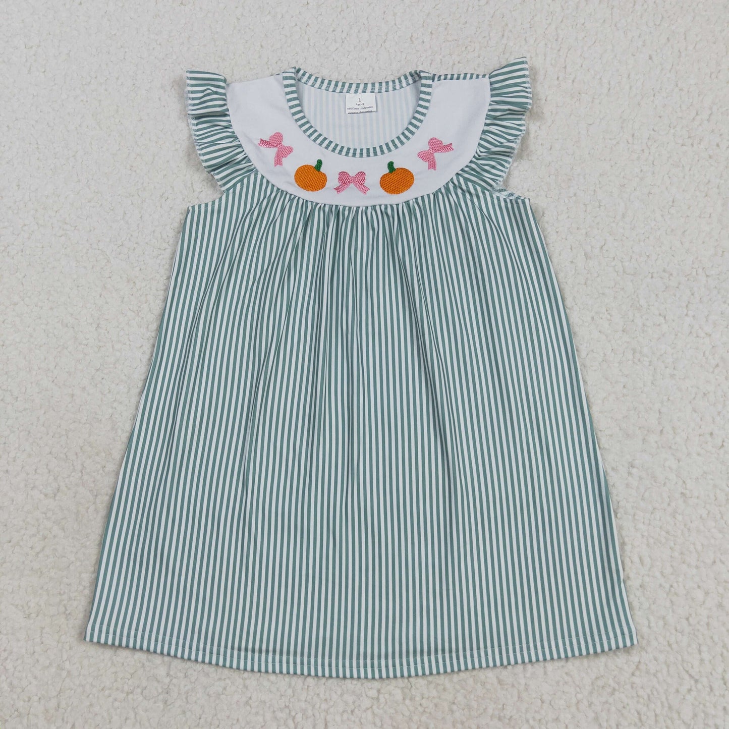 GSD2746 Pumpkin Bows Embroidery Green Stripes Girls Fall Knee Length Dress