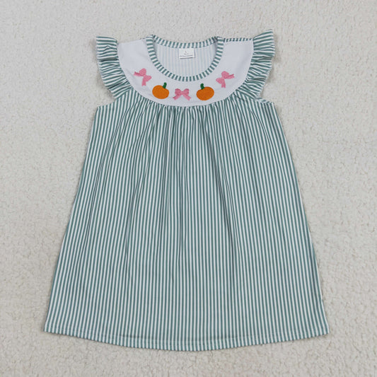 GSD2746 Pumpkin Bows Embroidery Green Stripes Girls Fall Knee Length Dress