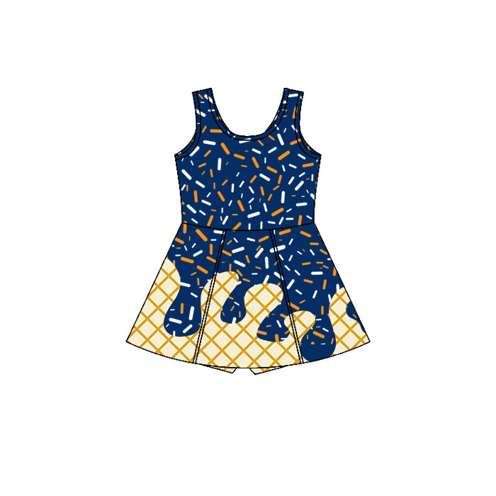(Pre-order)GSD2754 Navy Sprinkles Girls Summer Knee Length Yoga Dress