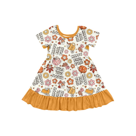 (Pre-order)GSD2756 Fall Y'all Flowers Print Girls Knee Length Dress