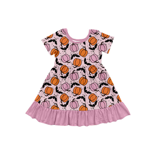 (Pre-order)GSD2757 Pumpkin Bat Pink Print Girls Halloween Knee Length Dress