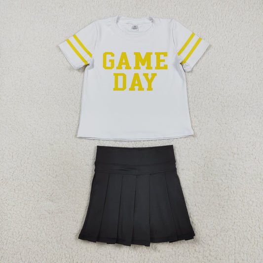 GSD2804 Game Day White Top Black Skirts Girls Summer Yoga Outfits