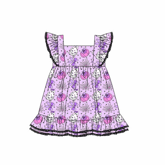 (Pre-order)GSD2762 Spooky Pumpkin Flowers Bows Print Girls Halloween Knee Length Dress