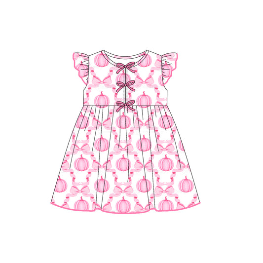 (Pre-order)GSD2768 Pumpkin Bows Pink Print Girls Fall Knee Length Dress
