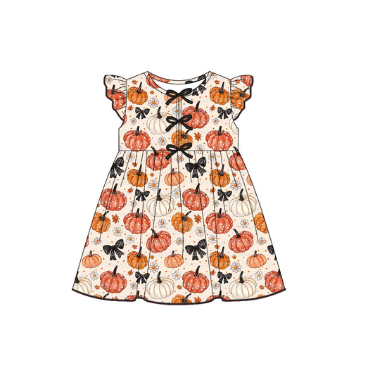 (Pre-order)GSD2769 Pumpkin Flowers Print Girls Fall Knee Length Dress