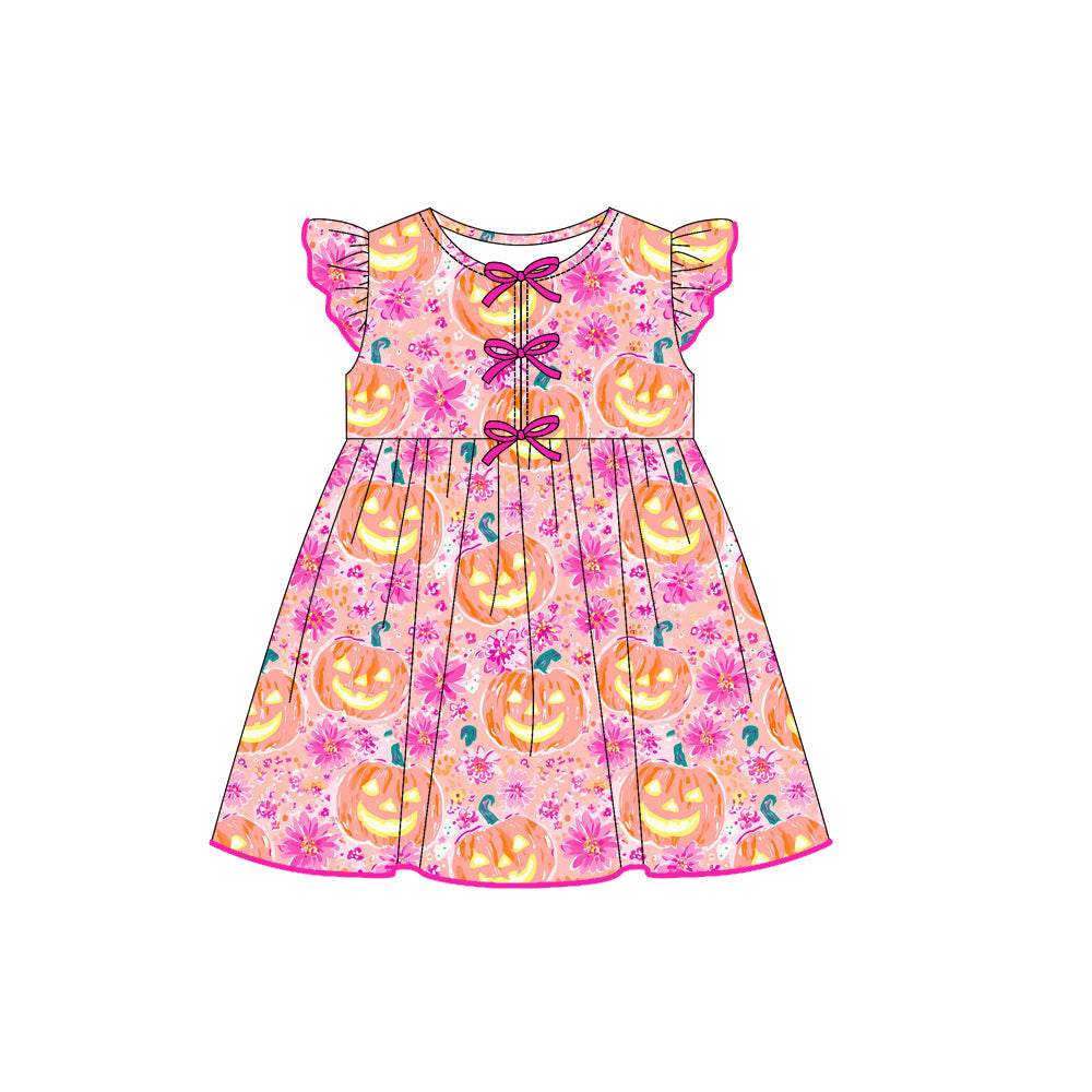 (Pre-order)GSD2770 Pumpkin Face Flowers Print Girls Halloween Knee Length Dress