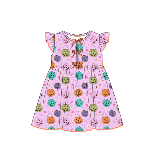 (Pre-order)GSD2771 Pumpkin Basket Candy Print Girls Halloween Knee Length Dress