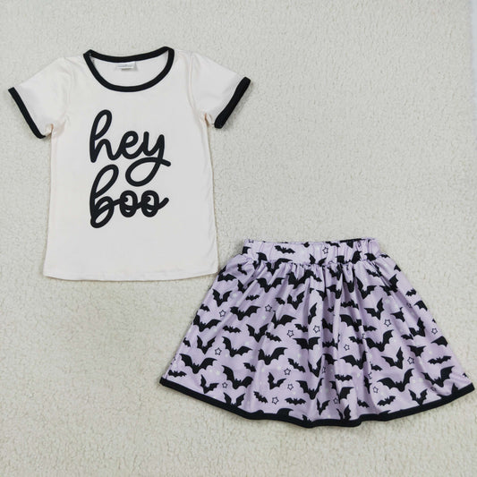 GSD2772 Hey BOO Top Bat Skirts Shorts Girls Halloween Clothes Set