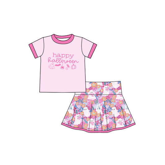 (Pre-order)GSD2773 Pink Top Spooky Flowers Skirts Shorts Girls Halloween Clothes Set