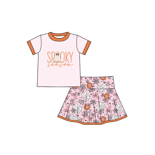 (Pre-order)GSD2774 Spooky Season Top Pumpkin Bows Skirts Shorts Girls Halloween Clothes Set