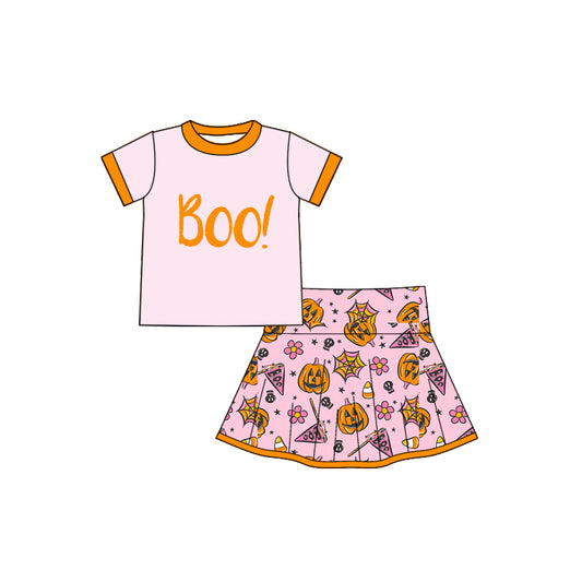 (Pre-order)GSD2775 BOO Top Pumpkin Flowers Skirts Shorts Girls Halloween Clothes Set