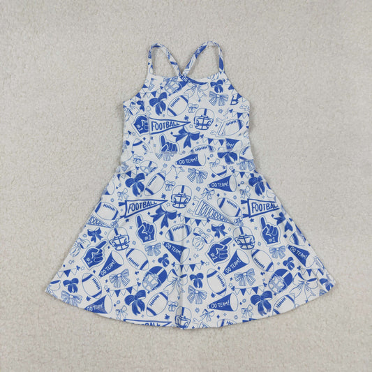 GSD2778 GO TEAM Cheer Blue Bows Girls Summer Knee Length Yoga Dress