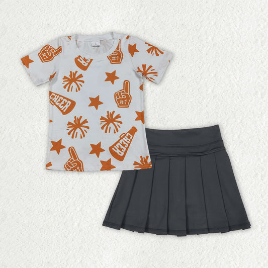 GSD2780 Cheer Orange Top Black Skirts Girls Summer Yoga Outfits