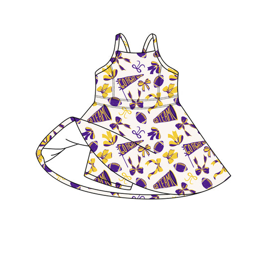 (Pre-order)GSD2781 GO TEAM Purple Bows Girls Summer Knee Length Yoga Dress