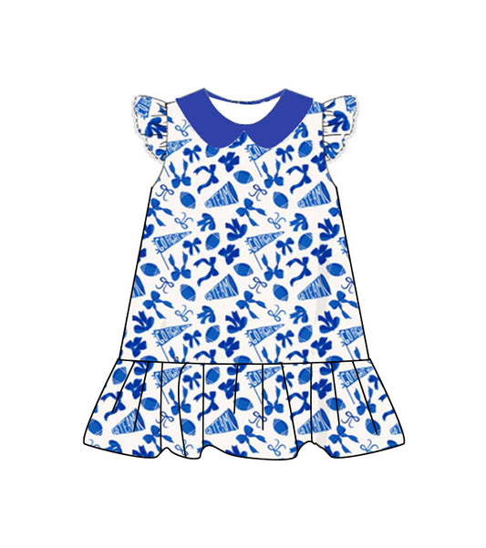 (Pre-order)GSD2782 Cheer Blue Bows Print Girls Summer Knee Length Dress