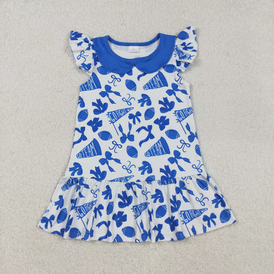 GSD2782 Go Team Cheer Blue Bows Print Girls Summer Knee Length Dress
