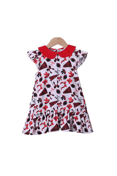 (Pre-order)GSD2783 Cheer Red Bows Print Girls Summer Knee Length Dress