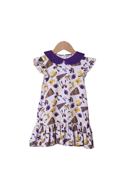(Pre-order)GSD2784 Cheer Purple Bows Print Girls Summer Knee Length Dress