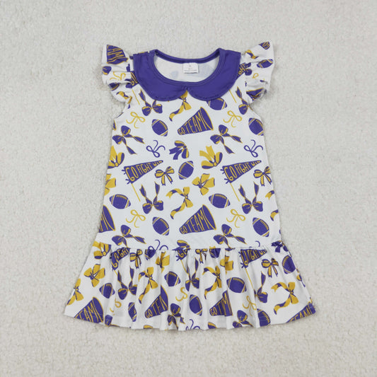 GSD2784 Go Team Cheer Purple Bows Print Girls Summer Knee Length Dress