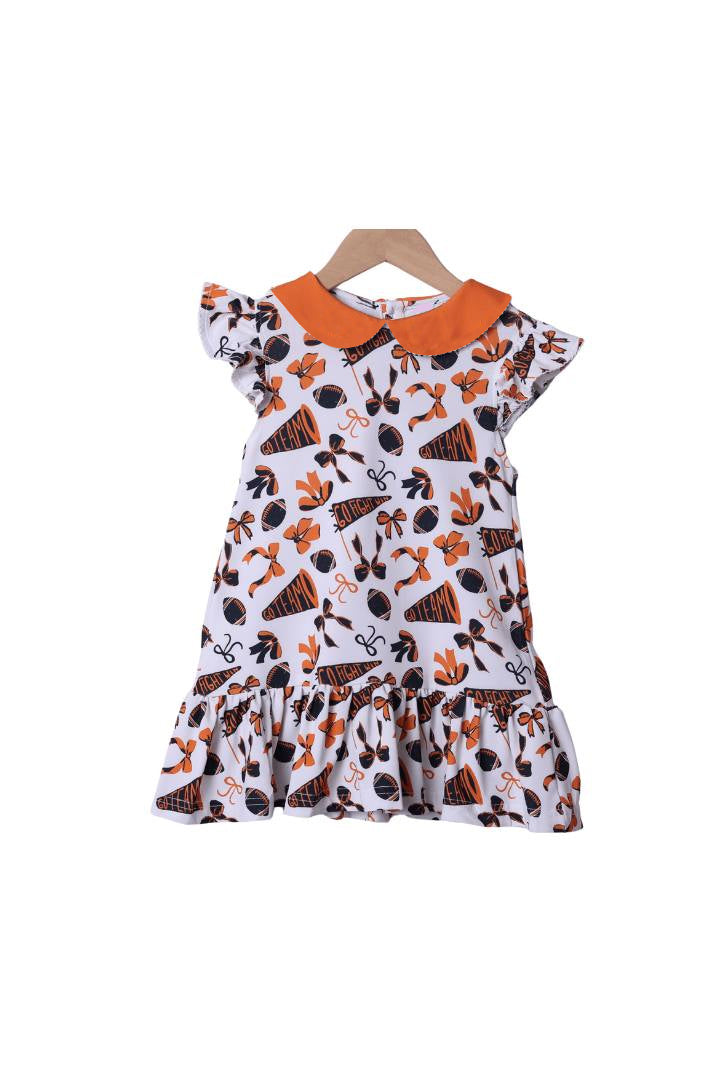 (Pre-order)GSD2785 Cheer Orange Bows Print Girls Summer Knee Length Dress