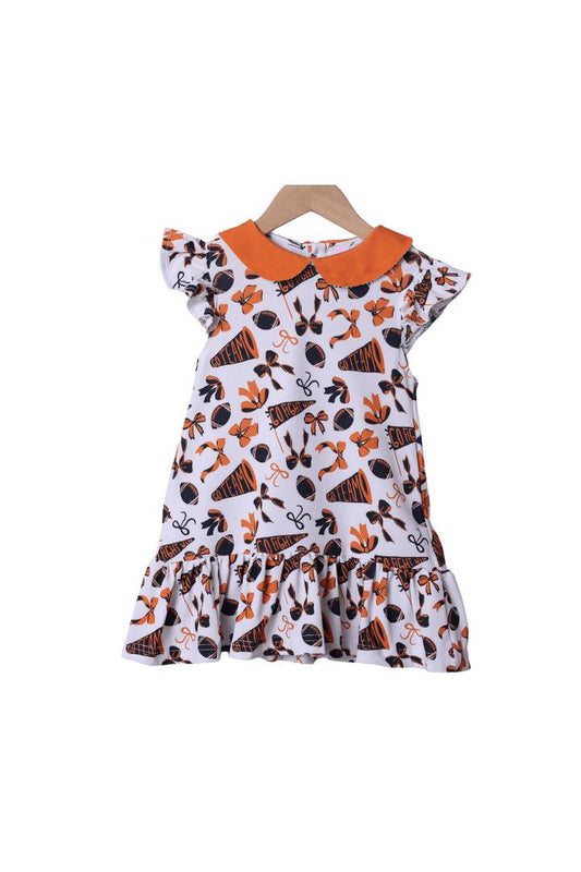 (Pre-order)GSD2785 Cheer Orange Bows Print Girls Summer Knee Length Dress