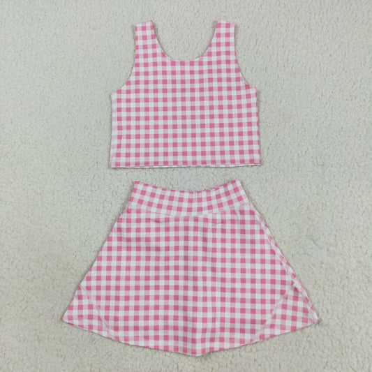 GSD2786   Pink Plaid Tank Top Skirts Shorts Girls Summer Yoga Clothes Set