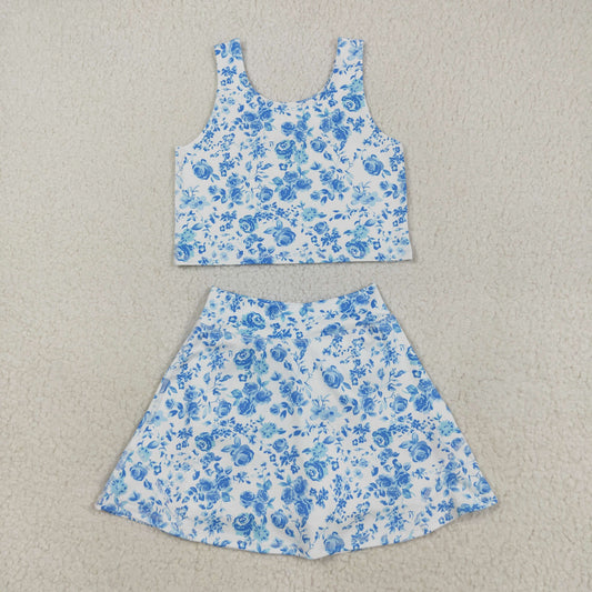 GSD2787  Blue Flowers Print Skirts Shorts Girls Summer Yoga Outfits
