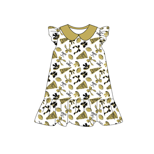 (Pre-order)GSD2788 Cheer Gold Bows Print Girls Summer Knee Length Dress