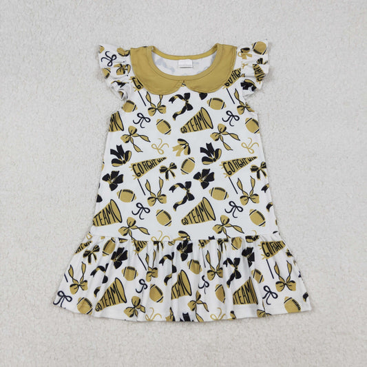 GSD2788 Go Team Cheer Gold Bows Print Girls Summer Knee Length Dress