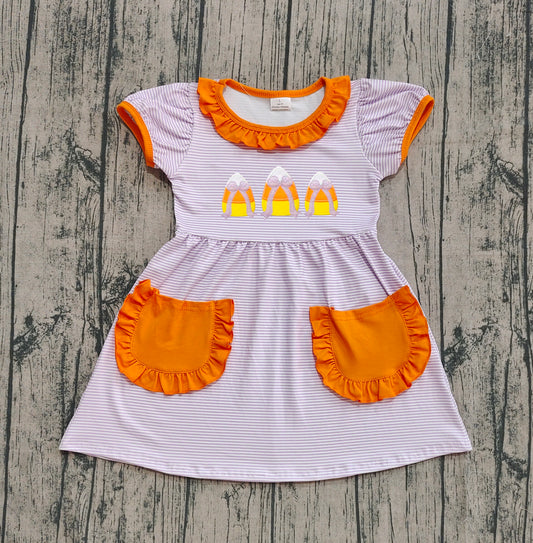(Pre-order)GSD2791 Candy Bows Stripes Print Girls Halloween Knee Length Dress