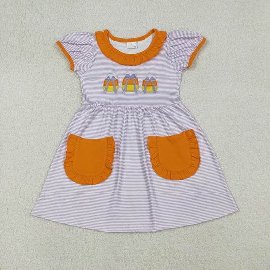 GSD2791 Candy Bows Embroidery Stripes Print Pockets Girls Halloween Knee Length Dress