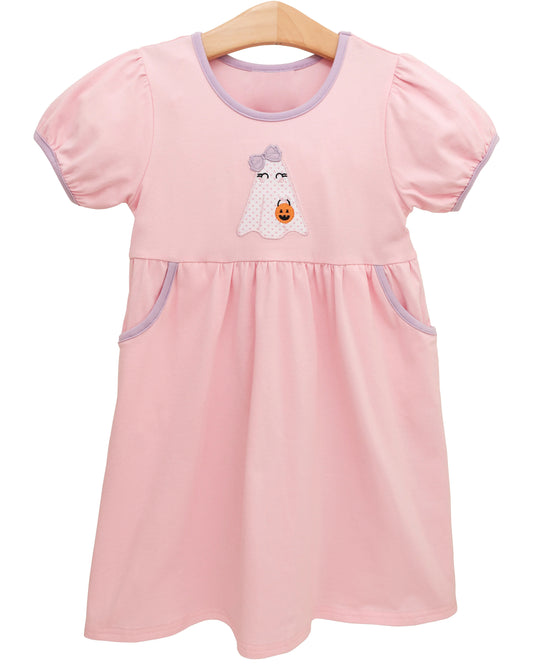 (Pre-order)GSD2792 Spooky Pink Print Girls Halloween Knee Length Dress