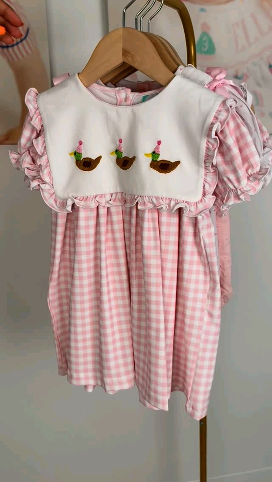 (Pre-order)GSD2803 Duck Pink Plaid Print Girls Summer Happy Birthday Knee Length Dress