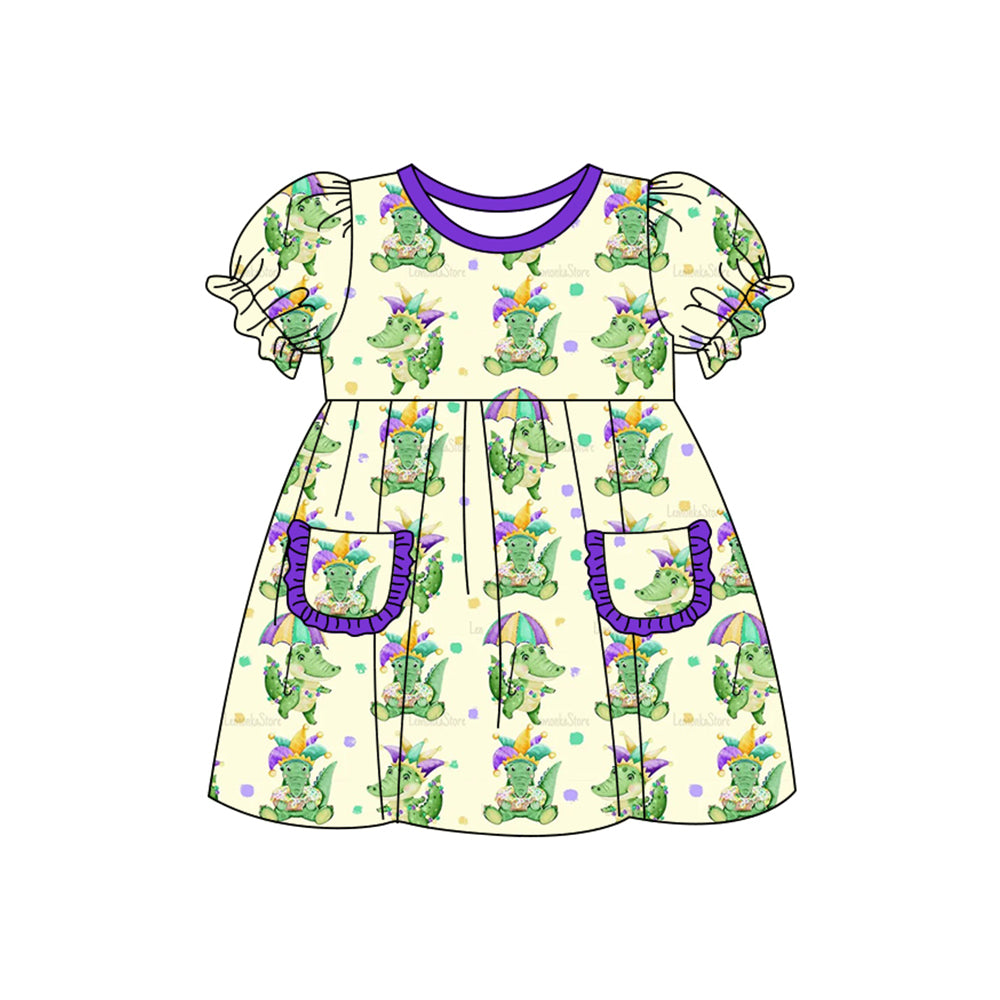 (Pre-order)GSD2806 Crocodile Print Pockets Girls Mardi Gras Knee Length Dress