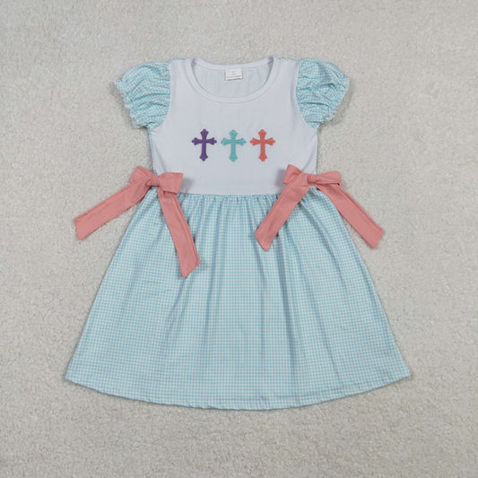 GSD2807 Cross Embroidery Blue Girls Easter Knee Length Dress