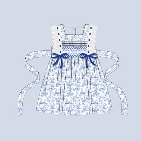 (Pre-order)GSD2810 Bunny Blue Print Girls Easter Knee Length Dress