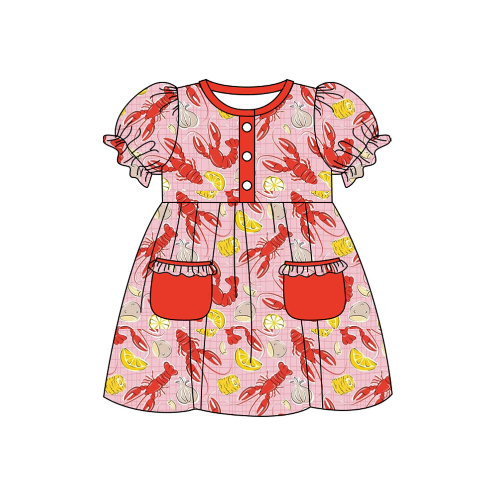 (Pre-order)GSD2811 Crayfish Print Pockets Girls Summer Knee Length Dress