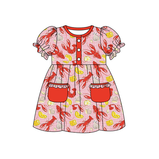 (Pre-order)GSD2811 Crayfish Print Pockets Girls Summer Knee Length Dress