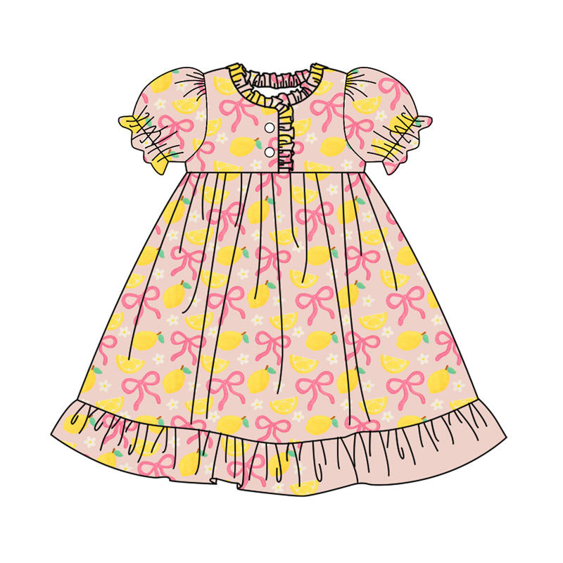 (Pre-order)GSD2812 Lemon Bows Print Girls Knee Length Dress