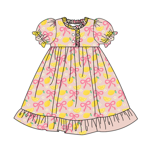 (Pre-order)GSD2812 Lemon Bows Print Girls Knee Length Dress