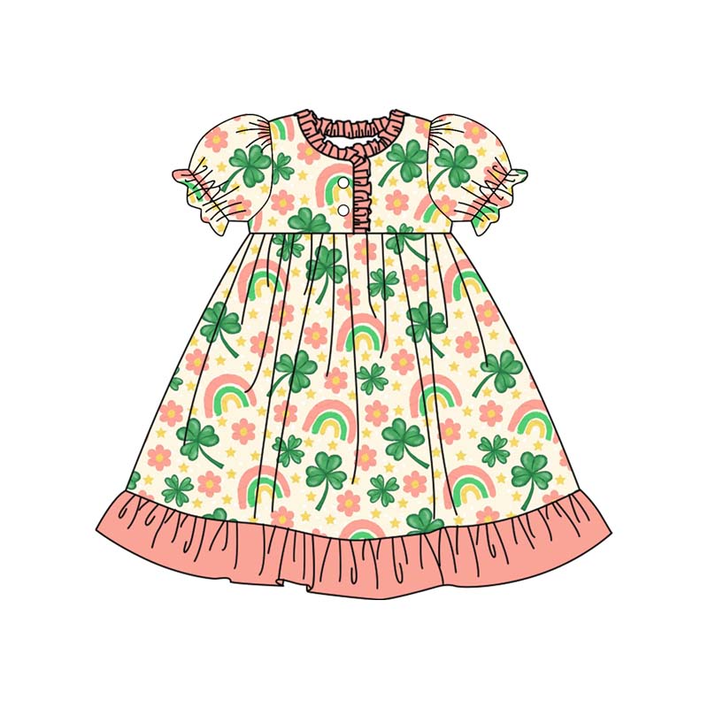 (Pre-order)GSD2816 Leaf Rainbow Flowers Print Girls St. Patrick's Day Knee Length Dress
