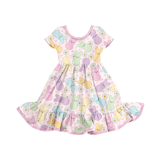 (Pre-order)GSD2826 Colorful Bunny Flowers Print Girls Easter Knee Length Dress