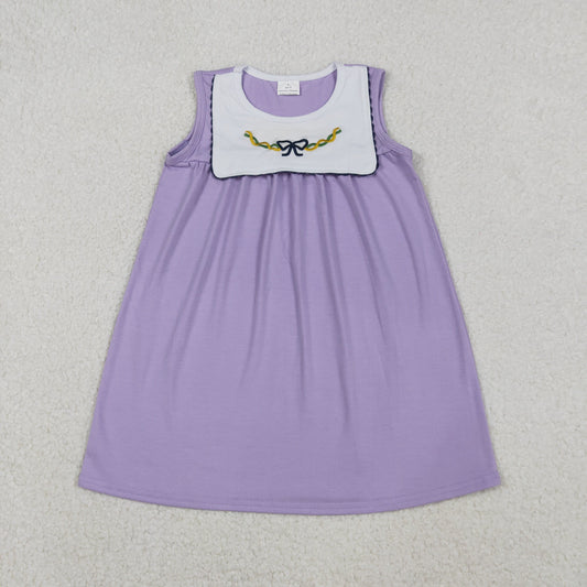 GSD2832  Bow Embroidery Purple Color Girls Mardi Gras Knee Length Dress
