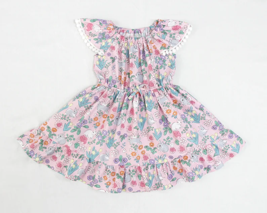 (Pre-order)GSD2833  Bunny Flowers Print Girls Easter Knee Length Dress