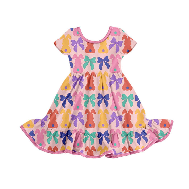 (Pre-order)GSD2834 Colorful Bunny Bows Print Girls Easter Knee Length Dress
