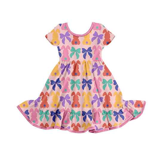 (Pre-order)GSD2834 Colorful Bunny Bows Print Girls Easter Knee Length Dress