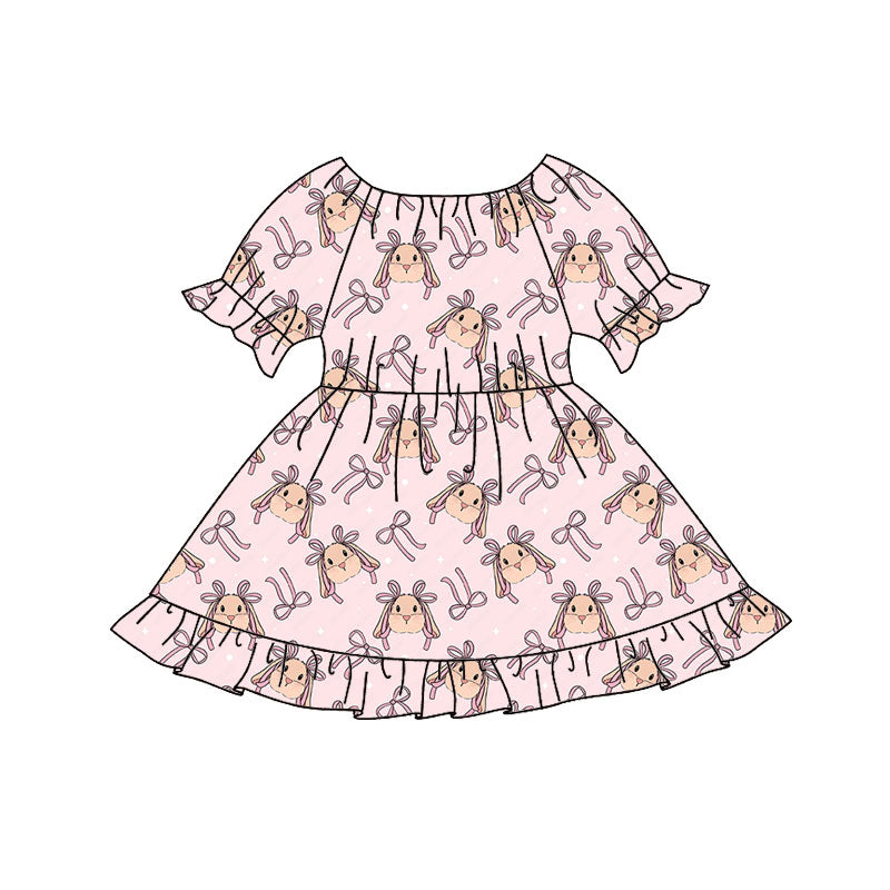 (Pre-order)GSD2836 Bunny Bows Pink Print Girls Easter Knee Length Dress